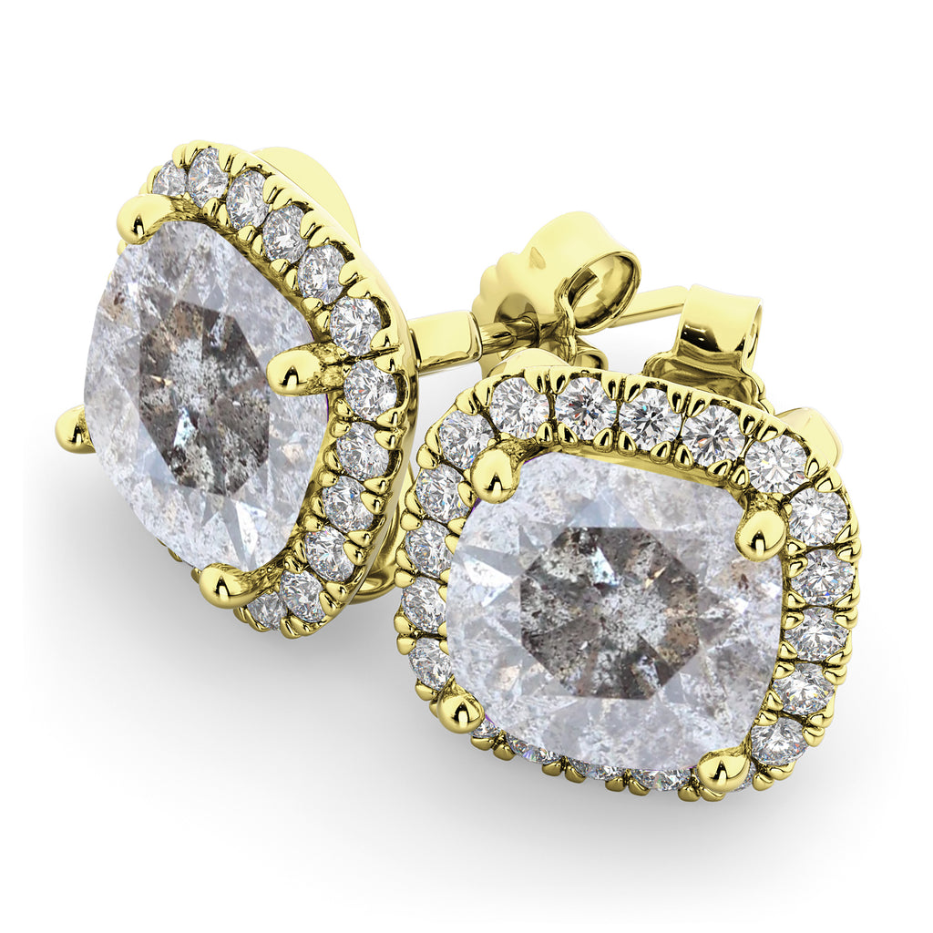 Cushion Cut Salt & Pepper Diamond & Diamond Earrings 14k Yellow Gold (3.10ct)