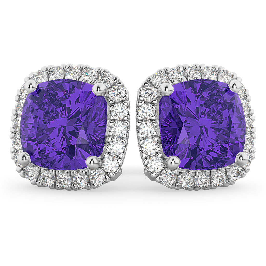 Halo Cushion Tanzanite & Diamond Earrings 14k White Gold (4.04ct)