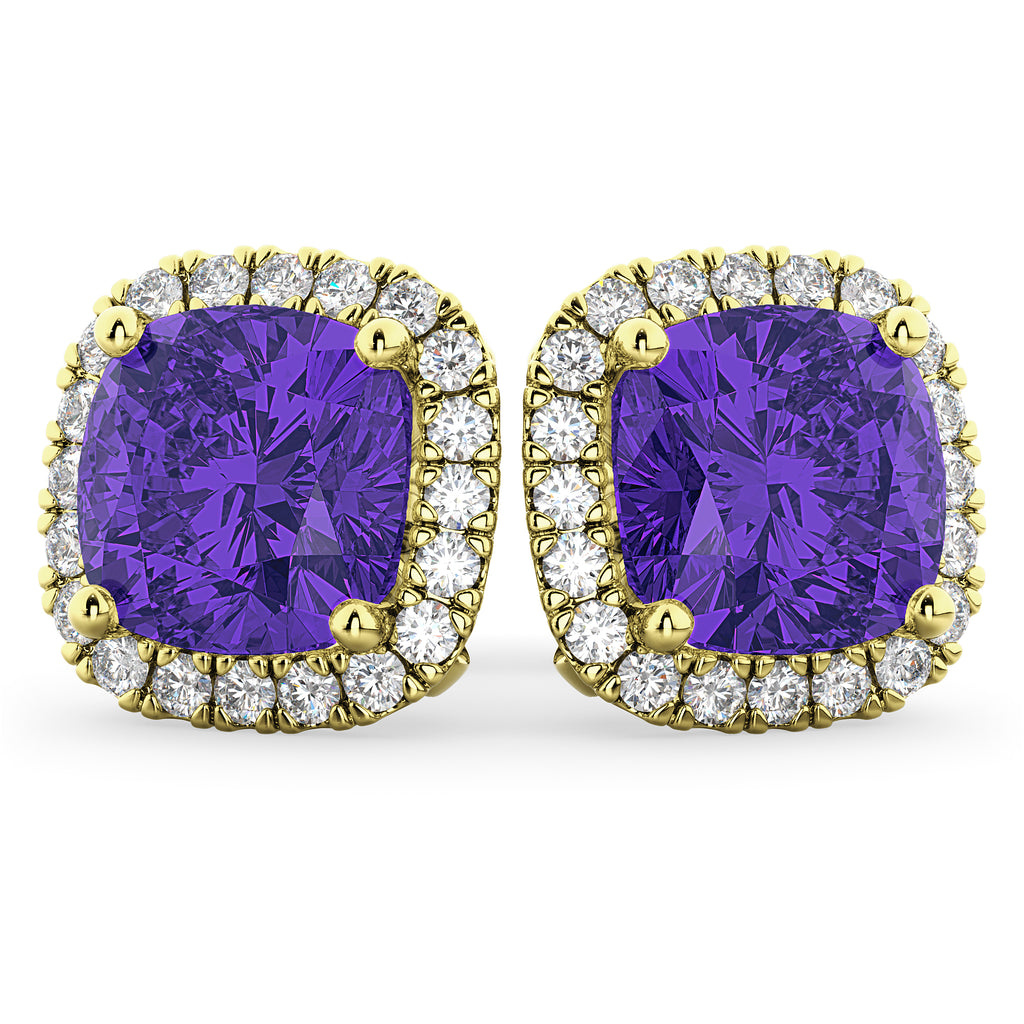 Halo Cushion Tanzanite & Diamond Earrings 14k Yellow Gold (4.04ct)