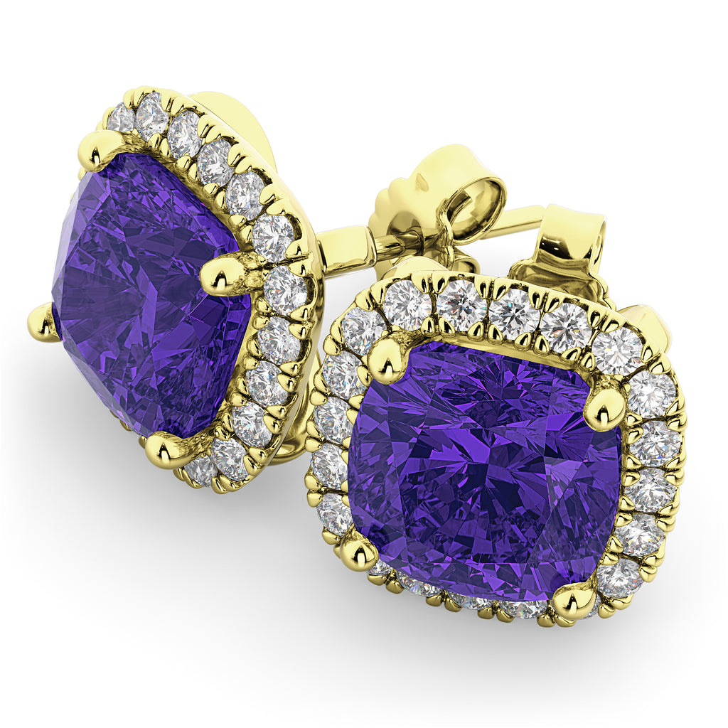Halo Cushion Tanzanite & Diamond Earrings 14k Yellow Gold (4.04ct)