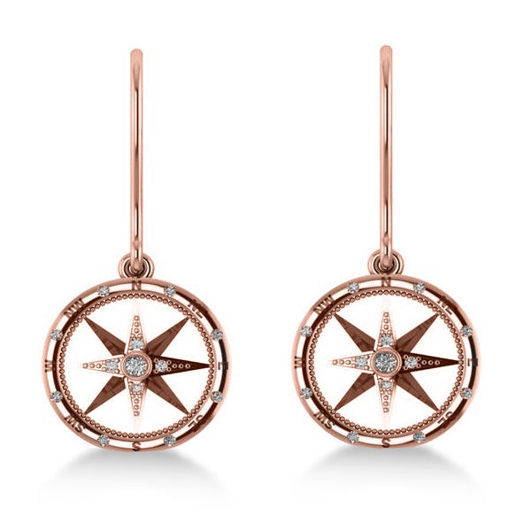 Diamond Nautical Dangle Compass Earrings 14k Rose Gold (0.16ct)