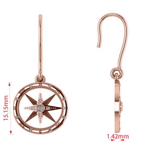 Diamond Nautical Dangle Compass Earrings 14k Rose Gold (0.16ct)