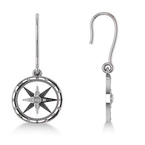 Diamond Nautical Dangle Compass Earrings 14k White Gold (0.16ct)