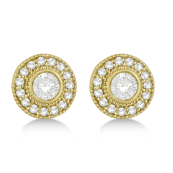 Vintage Diamond Halo Stud Earrings Bezel Set 14k Yellow Gold (0.77ct)