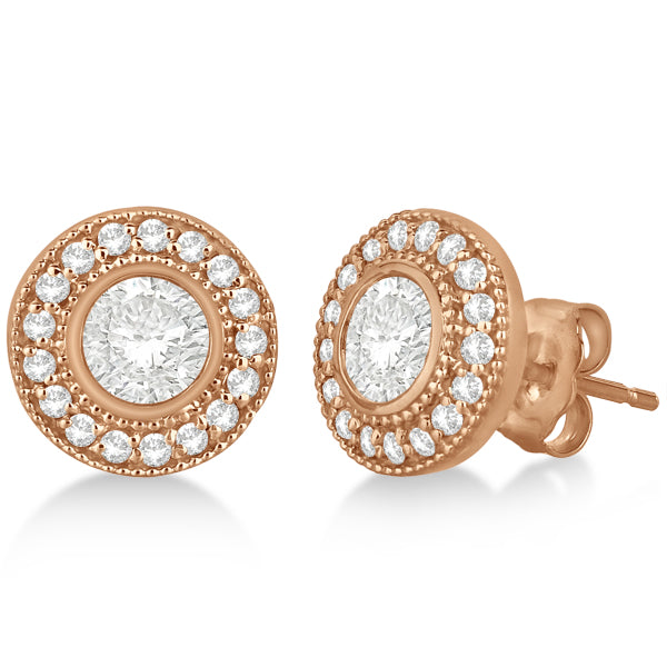 Vintage Style Diamond Halo Earrings Bezel Studs 14k Rose Gold (1.31ct)