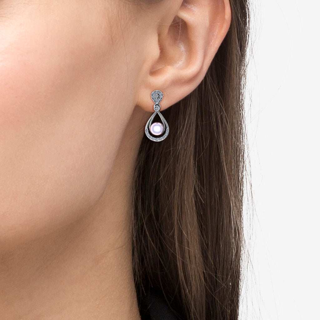 Pearl & Diamond Tear Drop Earrings 14k White Gold (0.39ct)