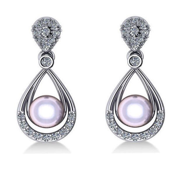 Pearl & Diamond Tear Drop Earrings 14k White Gold (0.39ct)