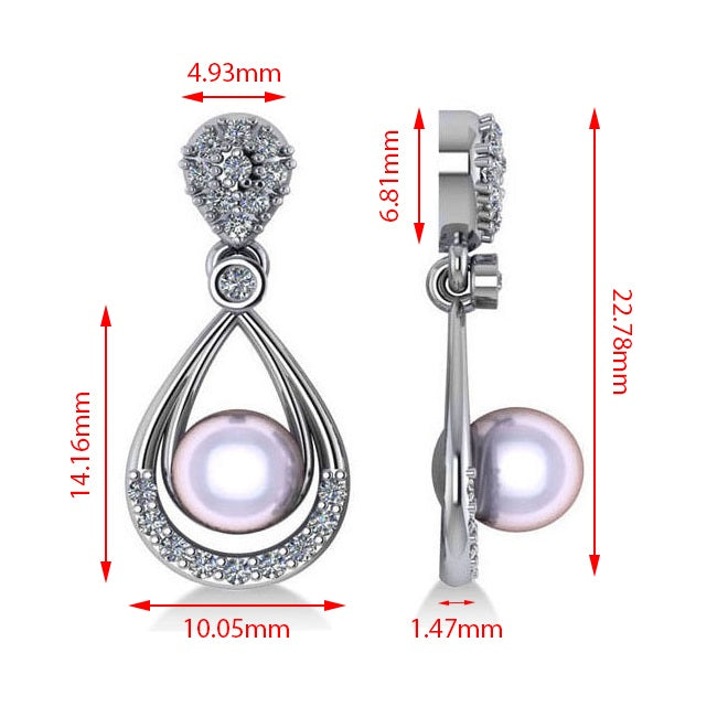 Pearl & Diamond Tear Drop Earrings 14k White Gold (0.39ct)