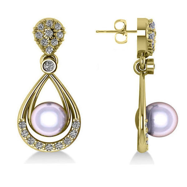 Pearl & Diamond Tear Drop Earrings 14k Yellow Gold (0.39ct)
