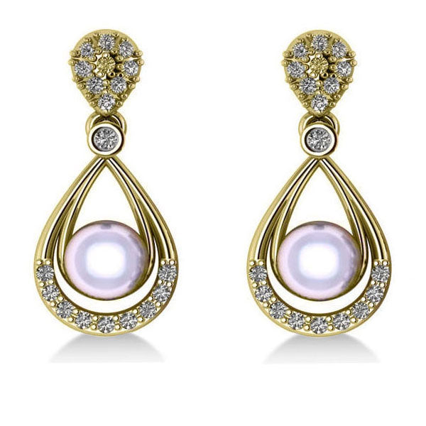 Pearl & Diamond Tear Drop Earrings 14k Yellow Gold (0.39ct)