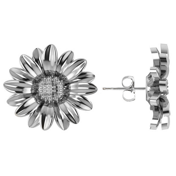 Multilayered Daisy Flower Stud Earrings 14K White Gold