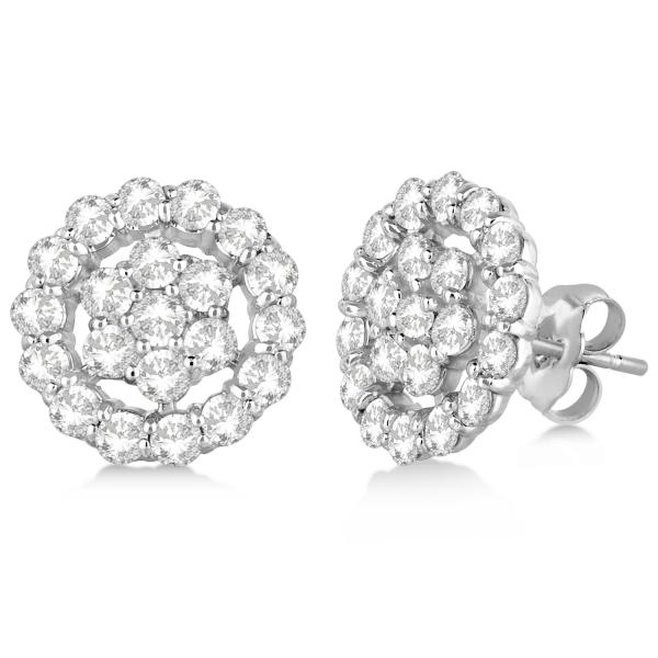 Diamond Cluster Earrings with Halo, Pave Set 14k White Gold 2.01ct