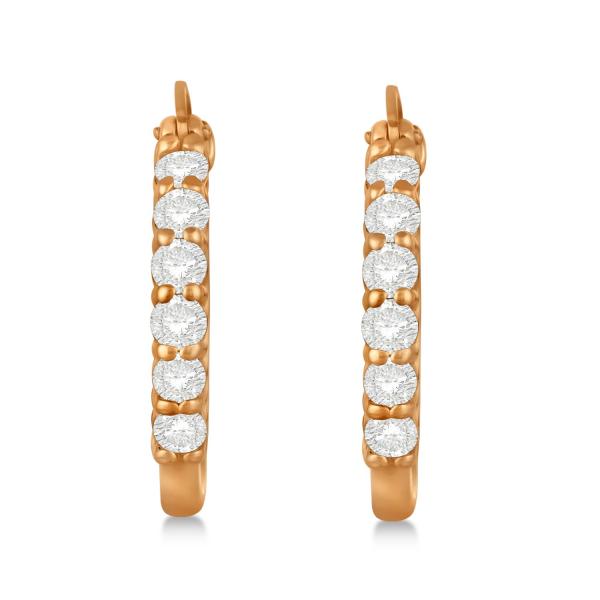 Genuine Diamond Hoop Earrings Pave Set in 14k Rose Gold 1.00ct