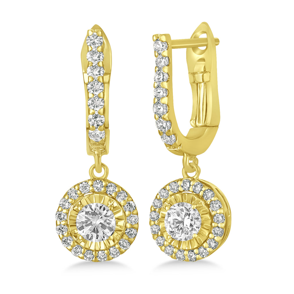 Round Diamond Halo Dangle Earrings in 14k Yellow Gold (1.25 ctw)
