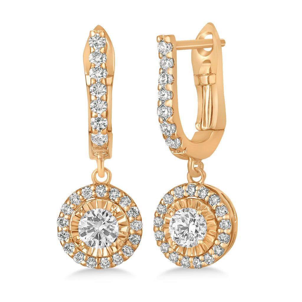 Round Diamond Halo Dangle Earrings in 14k Rose Gold (1.75 ctw)