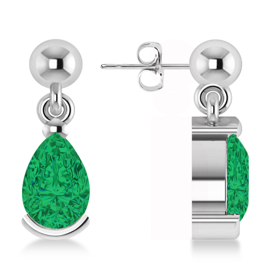 Lab Emerald Dangling Pear Earrings 14k White Gold (2.00ct)