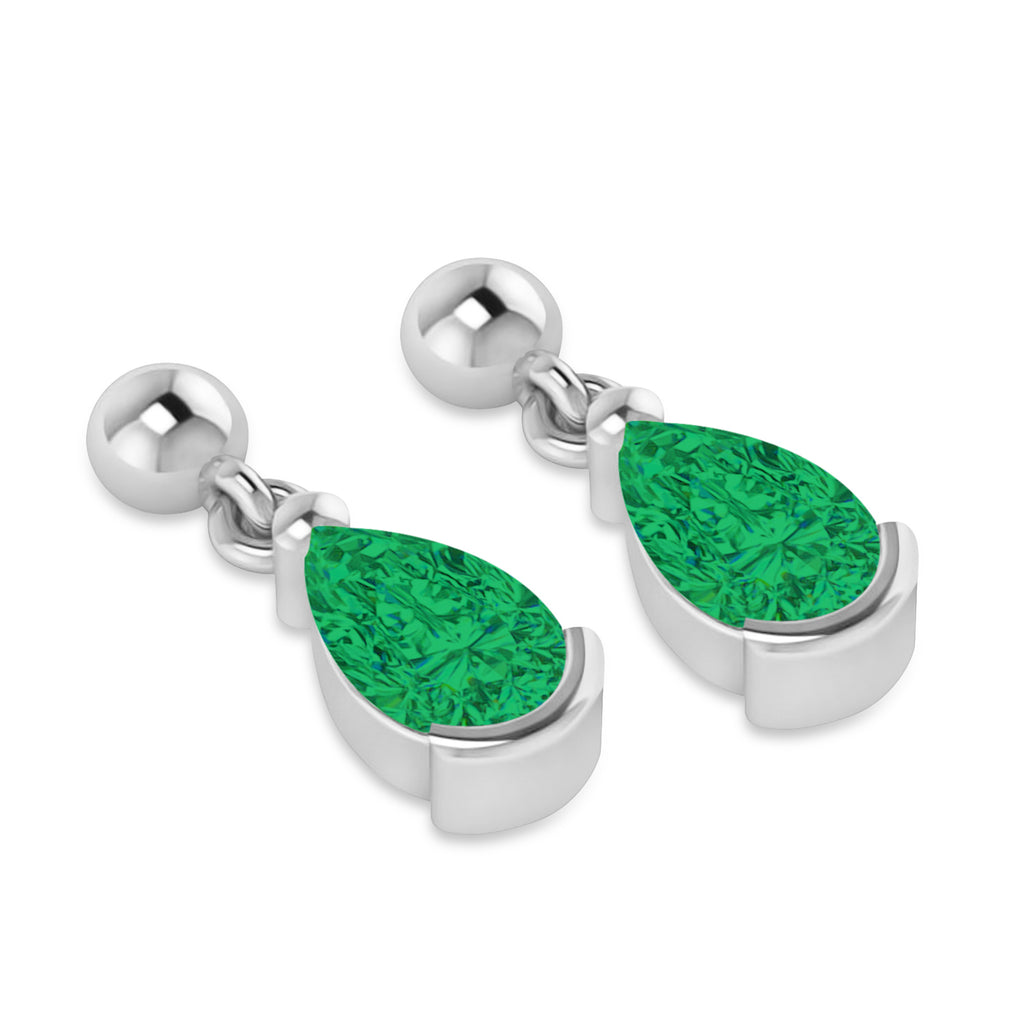 Lab Emerald Dangling Pear Earrings 14k White Gold (2.00ct)
