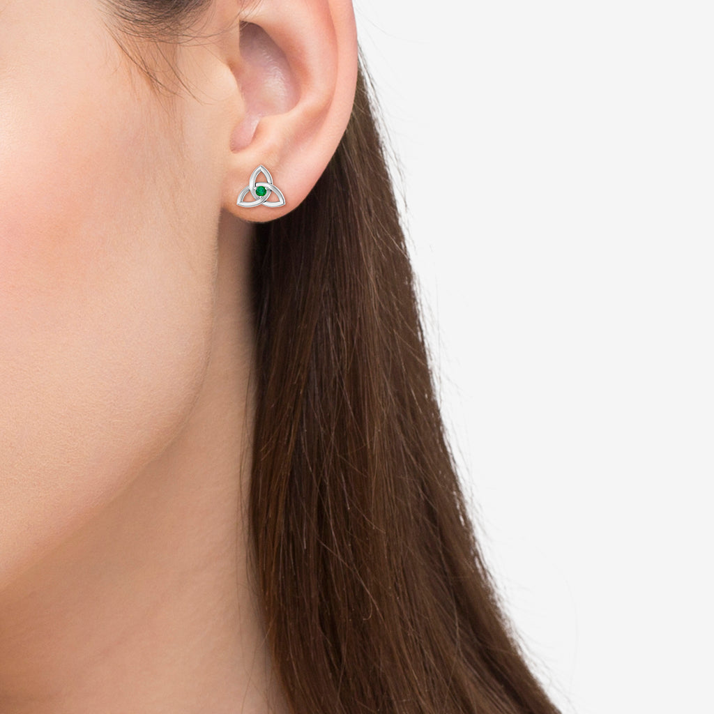 Emerald Celtic Knot Stud Earrings 14k White Gold (0.10ct)