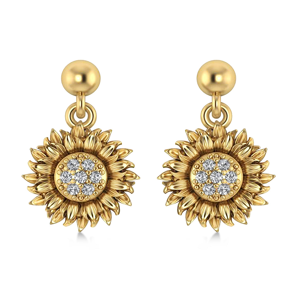 Diamond Sunflower Dangling Earrings 14k Yellow Gold (0.14ct)