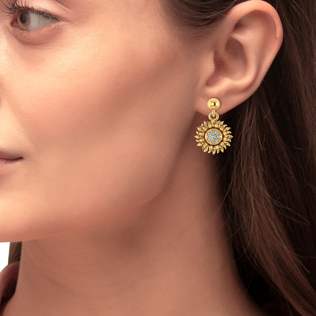 Diamond Sunflower Dangling Earrings 14k Yellow Gold (0.14ct)