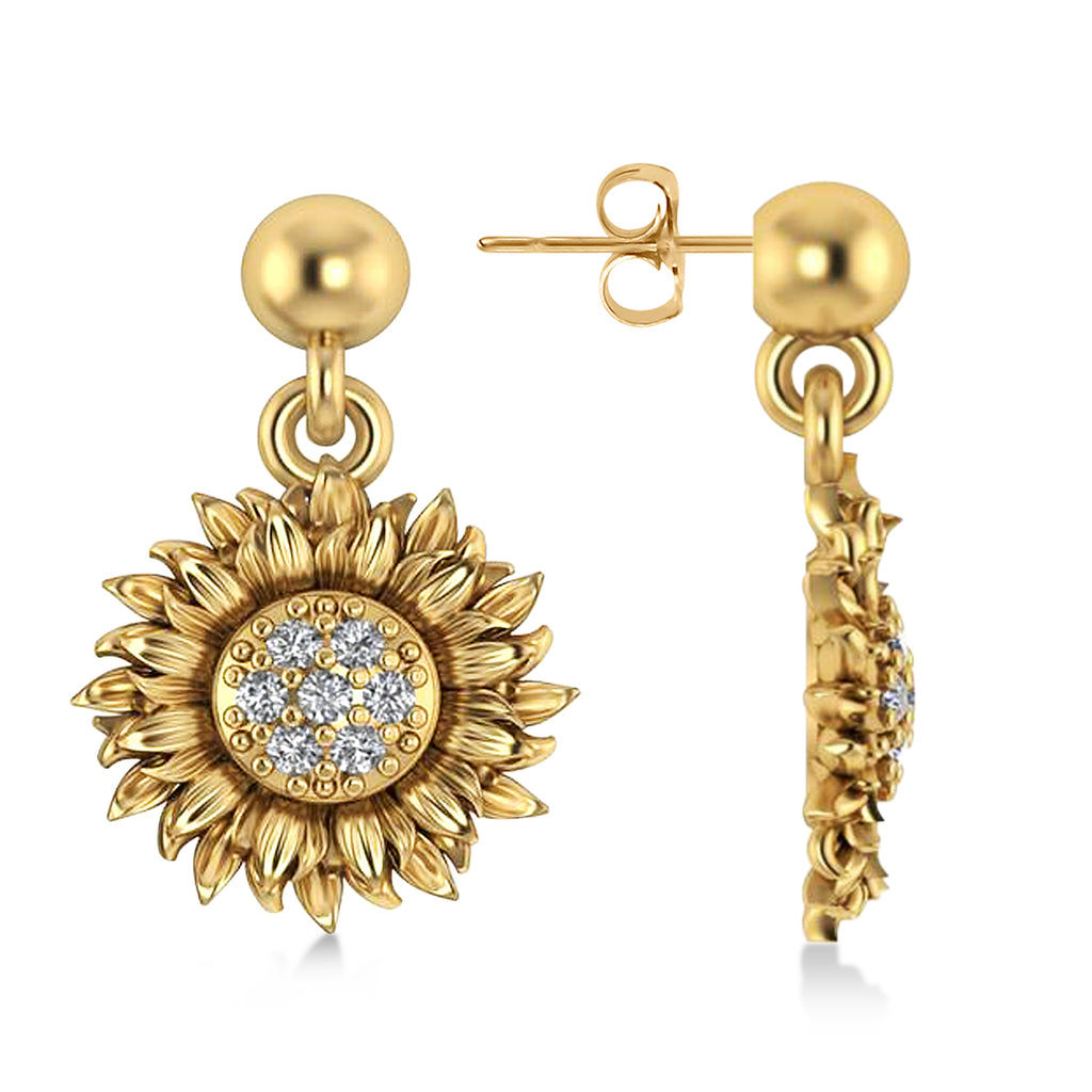 Diamond Sunflower Dangling Earrings 14k Yellow Gold (0.14ct)