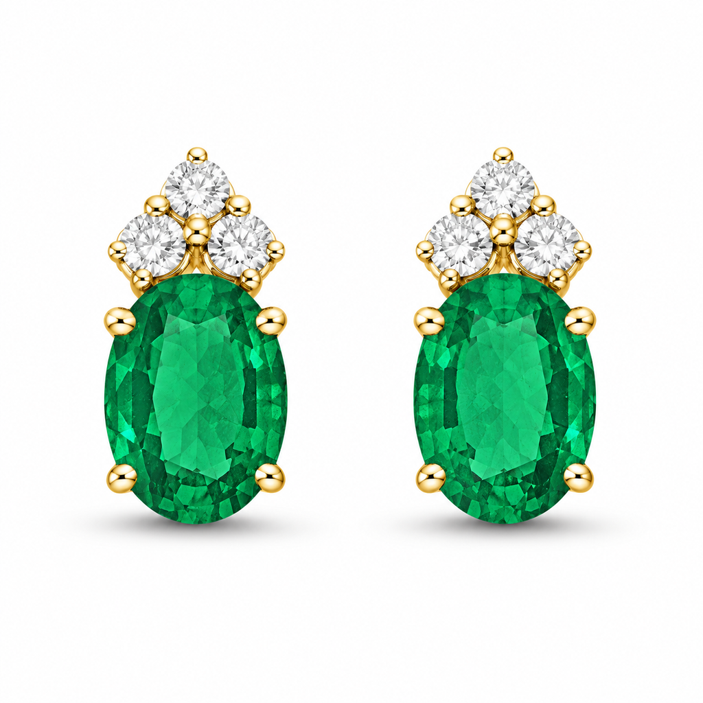 Oval Emerald and Diamond Stud Earrings 14k Yellow Gold (1.24ct)