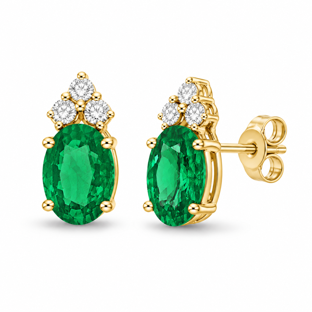Oval Emerald and Diamond Stud Earrings 14k Yellow Gold (1.24ct)
