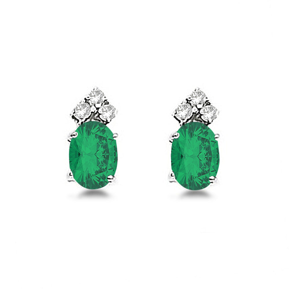 Oval Emerald and Diamond Stud Earrings 14k White Gold (1.24ct)