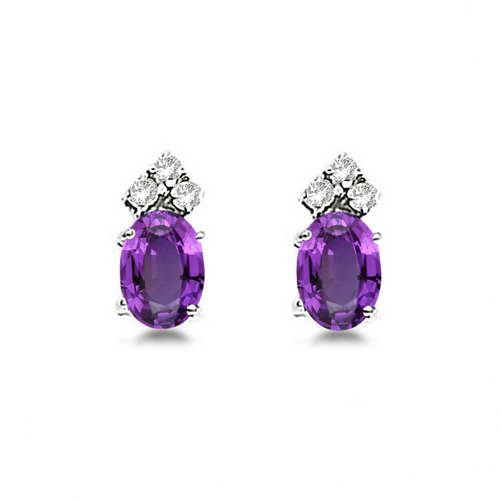 Oval Lab Amethyst & Diamond Stud Earrings 14k White Gold (1.24ct)