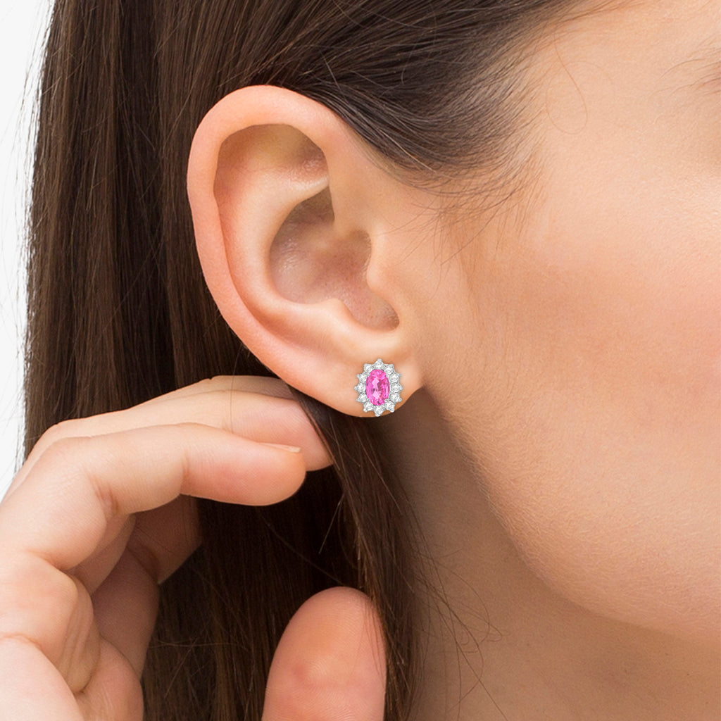 Oval Lab Pink Sapphire & Diamond Earrings 14k White Gold (2.05ct)