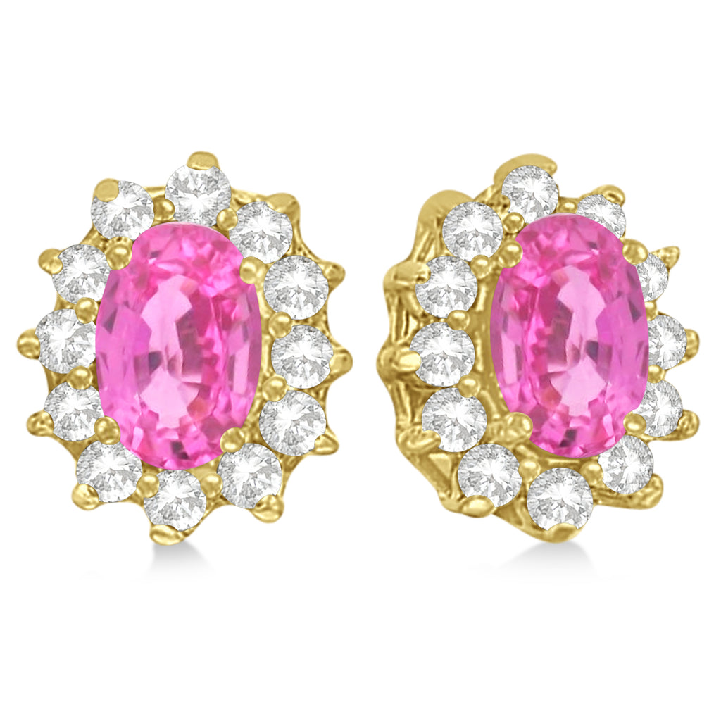 Oval Lab Pink Sapphire & Diamond Earrings 14k Yellow Gold (2.05ct)