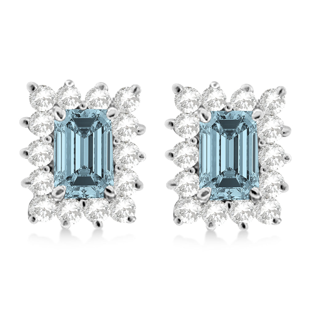 Emerald-Cut Aquamarine & Diamond Stud Earrings 14k White Gold (1.80ctw)