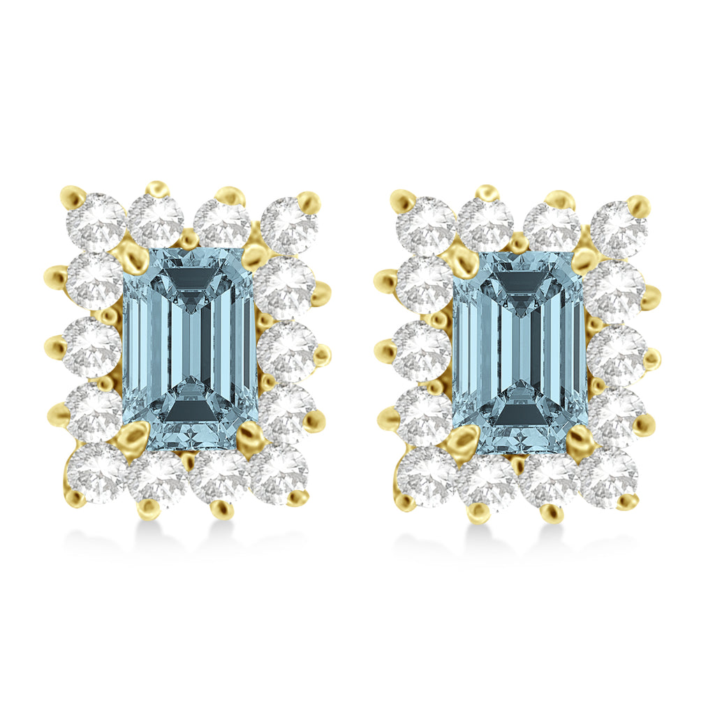 Emerald-Cut Aquamarine & Diamond Stud Earrings 14k Yellow Gold (1.80ctw)