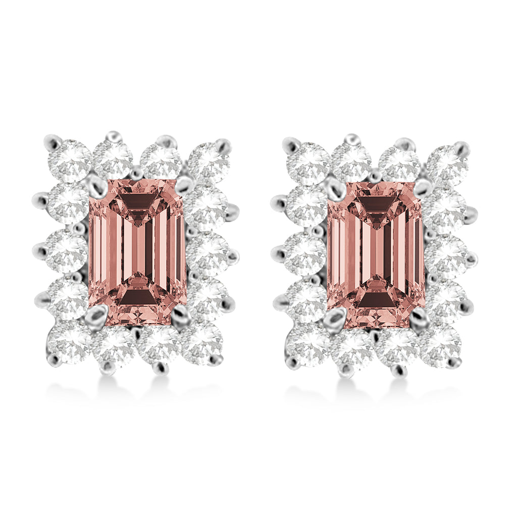 Emerald-Cut Morganite & Diamond Stud Earrings 14k White Gold (1.80ctw)
