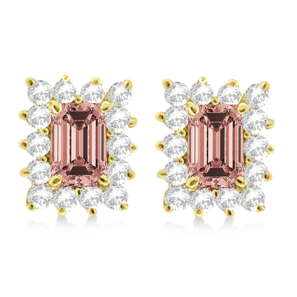 Emerald-Cut Morganite & Diamond Stud Earrings 14k Yellow Gold (1.80ctw)