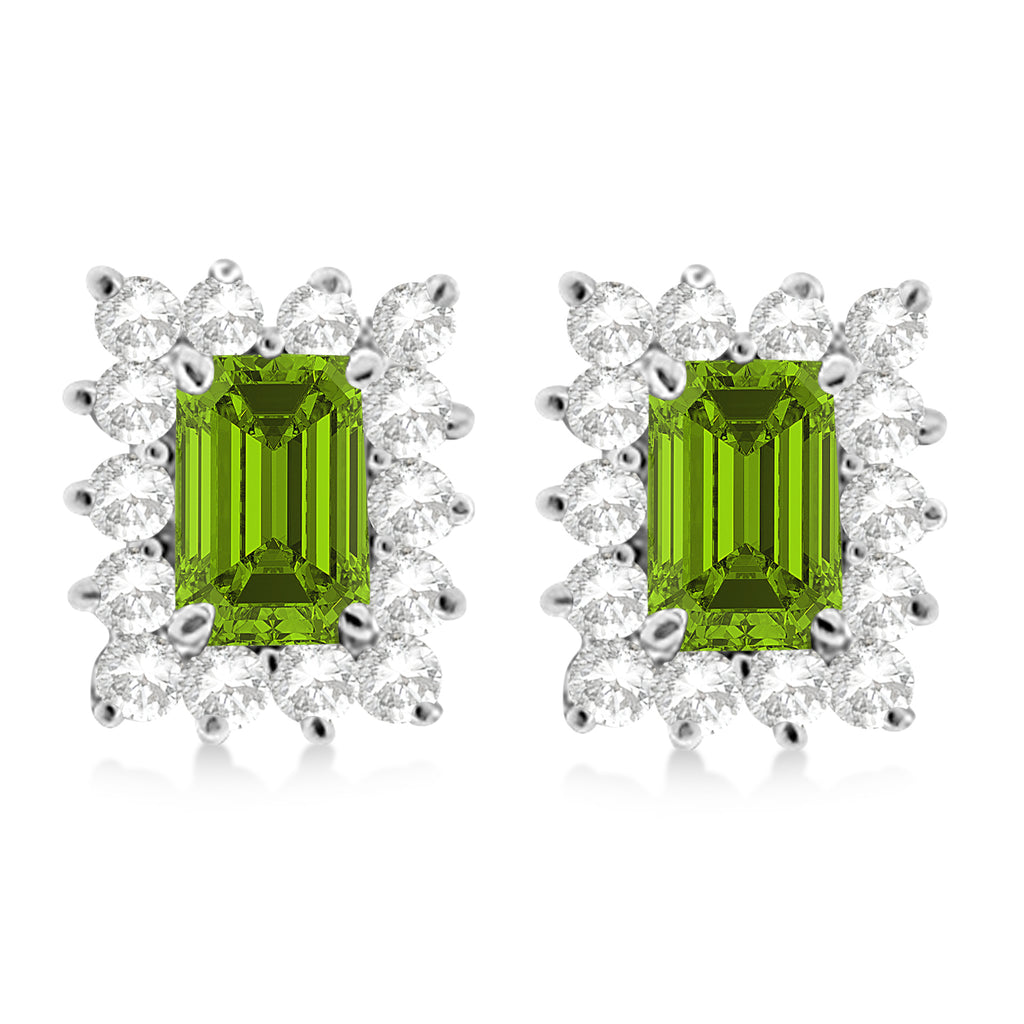 Emerald-Cut Peridot & Diamond Stud Earrings 14k White Gold (1.80ctw)