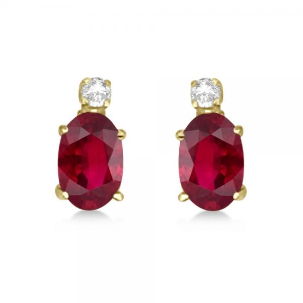 Oval Ruby Stud Earrings with Diamonds 14k Yellow Gold 0.43ct