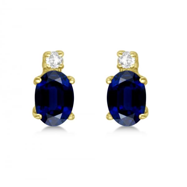 Oval Lab Blue Sapphire Stud Earrings with Lab Grown Diamonds 14k Yellow Gold (0.43ct)