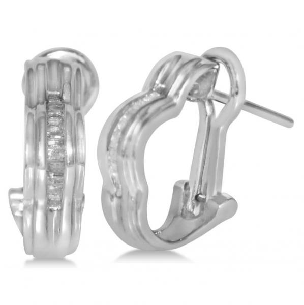 Diamond Accented Curved Baguette Earrings in 14k White Gold (0.33ct)