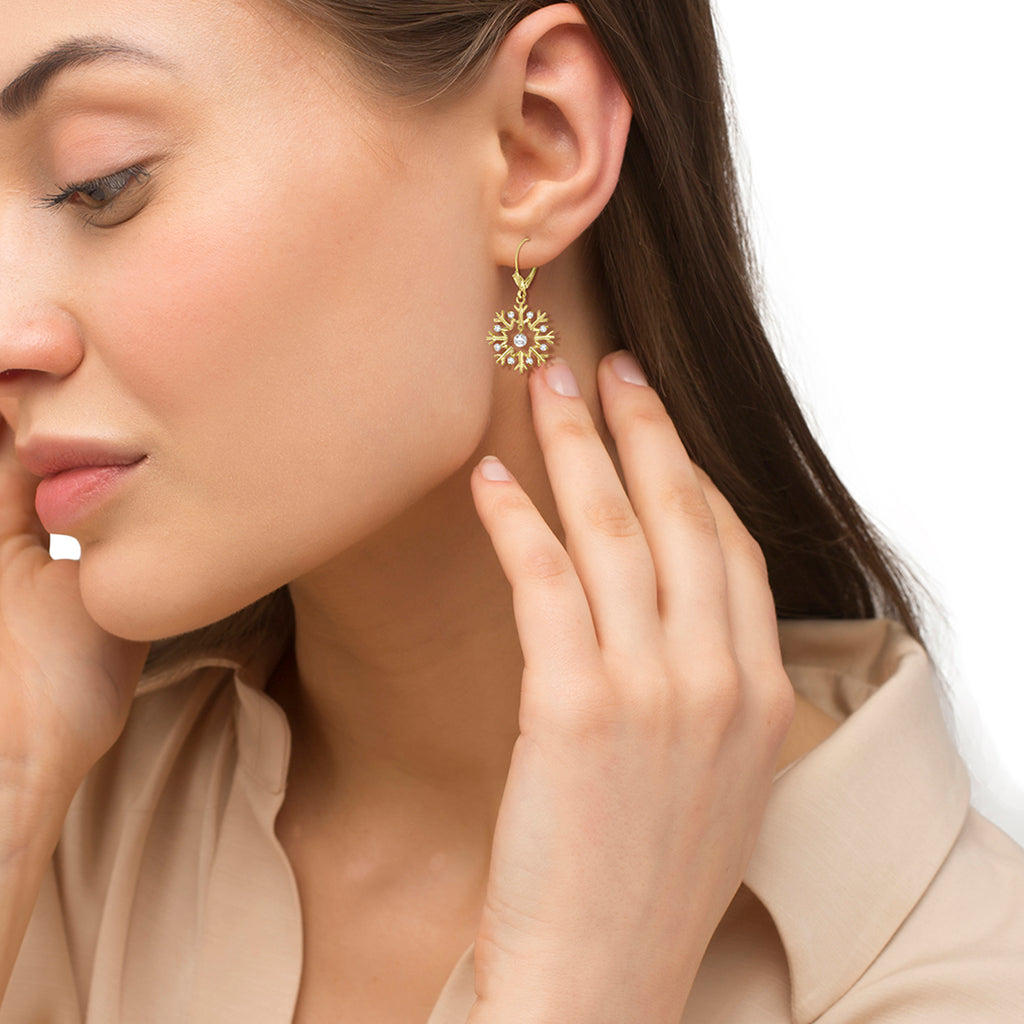 Snowflake Shaped Dangle Drop Diamond Earrings 14K Yellow Gold (0.30ct)