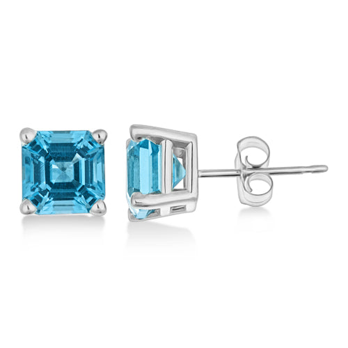 Asscher Cut Blue Topaz Basket Stud Earrings 14k White Gold (2.70ct)