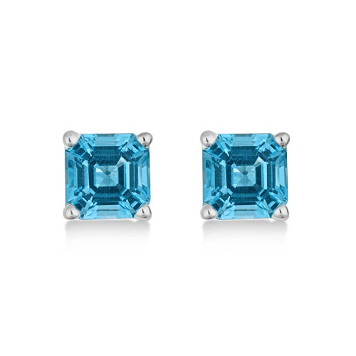 Asscher Cut Blue Topaz Basket Stud Earrings 14k White Gold (2.70ct)