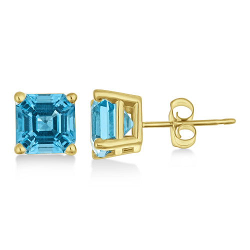 Asscher Cut Blue Topaz Basket Stud Earrings 14k Yellow Gold (2.70ct)