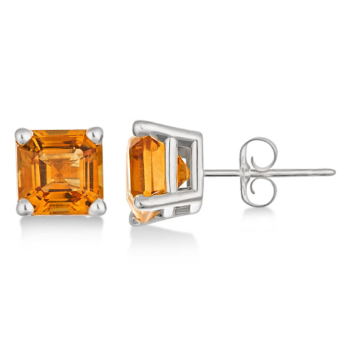 Asscher Cut Citrine Basket Stud Earrings 14k White Gold (2.10ct)