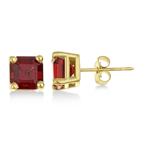 Asscher Cut Garnet Basket Stud Earrings 14k Yellow Gold (2.70ct)