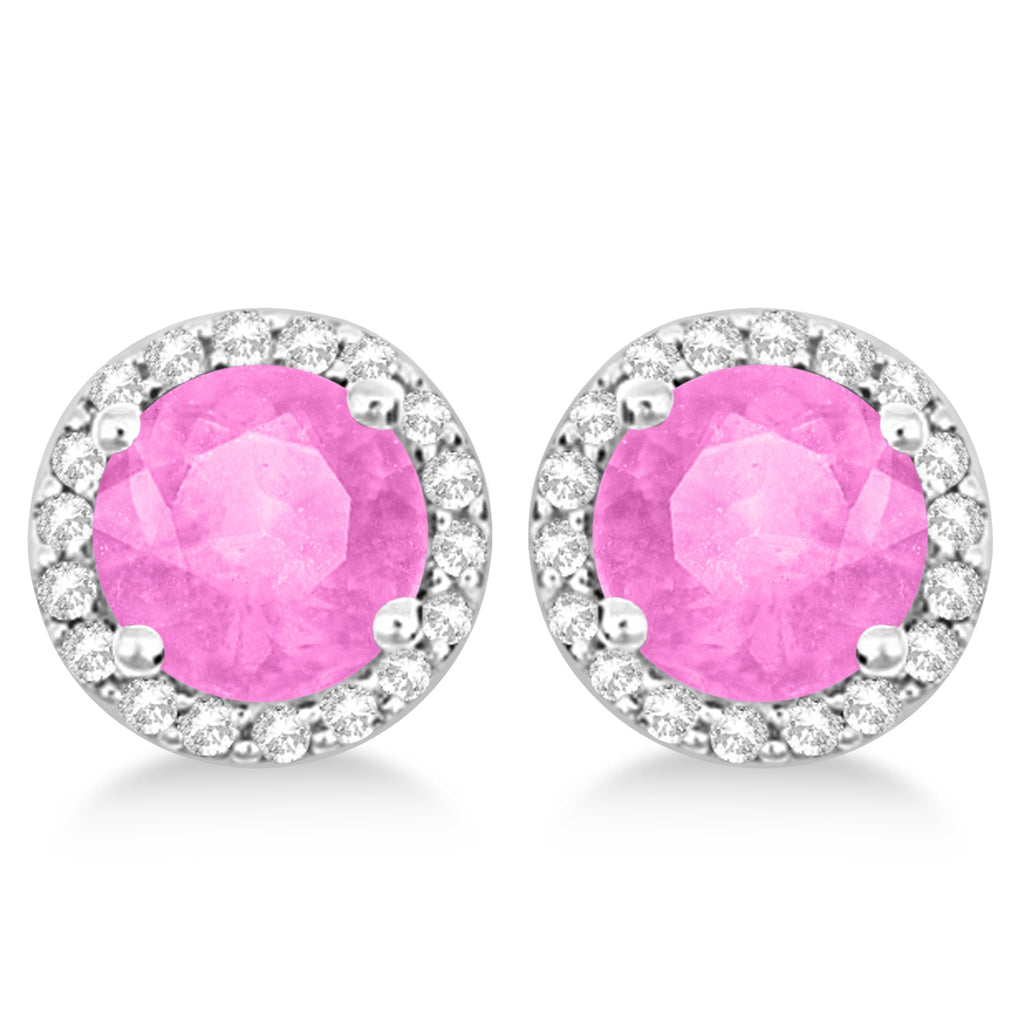 Lab Pink Sapphire & Lab  Diamond Halo Stud Earrings in Sterling Silver 2.27ct