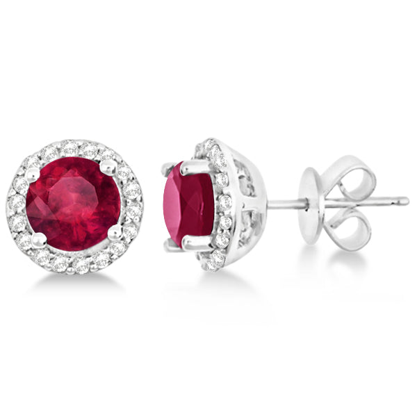 Ladies Lab Ruby & Lab  Diamond Halo Stud Earrings in Sterling Silver 2.27ct