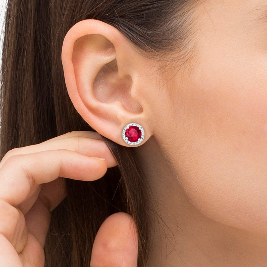 Ladies Lab Ruby & Lab  Diamond Halo Stud Earrings in Sterling Silver 2.27ct