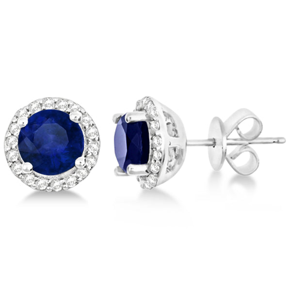 Lab Blue Sapphire & Lab Diamond Halo Stud Earrings in Sterling Silver 2.27ct
