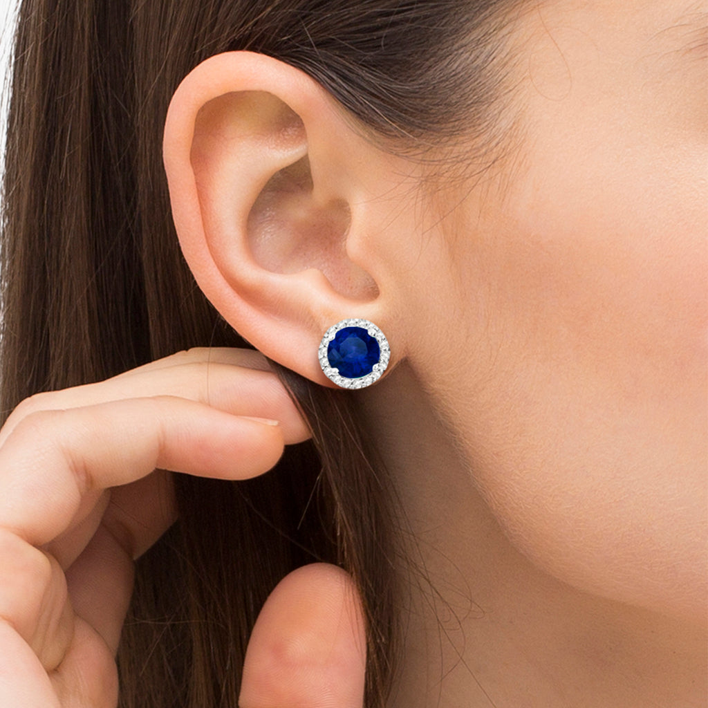 Lab Blue Sapphire & Lab Diamond Halo Stud Earrings in Sterling Silver 2.27ct